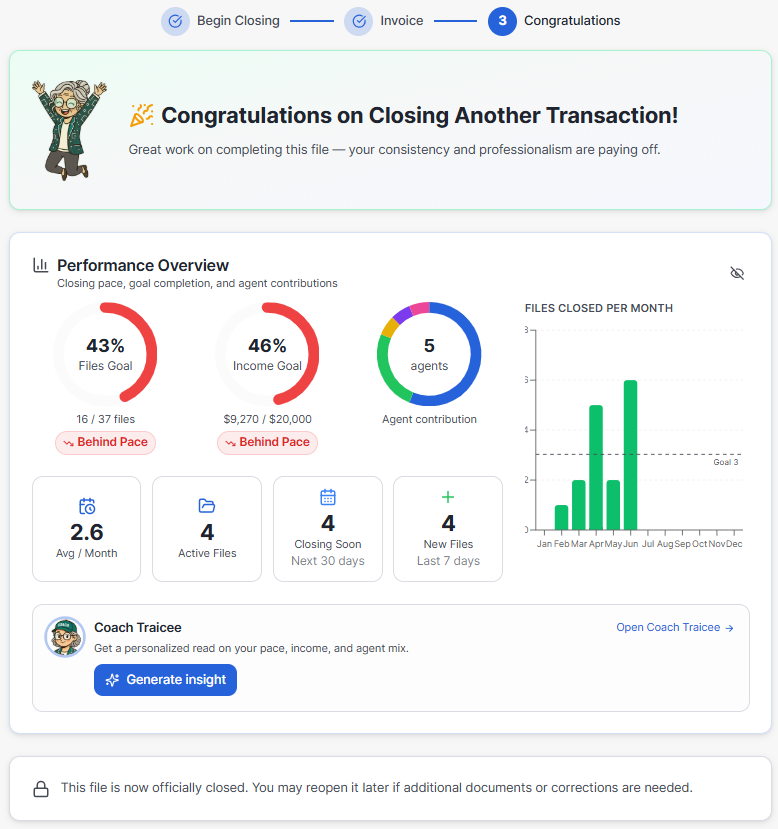 Traicee closing workflow — congratulations screen